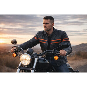 UNIK Premium Leather Biker Jacket 2XL removable Liner Black Orange Harley-Style